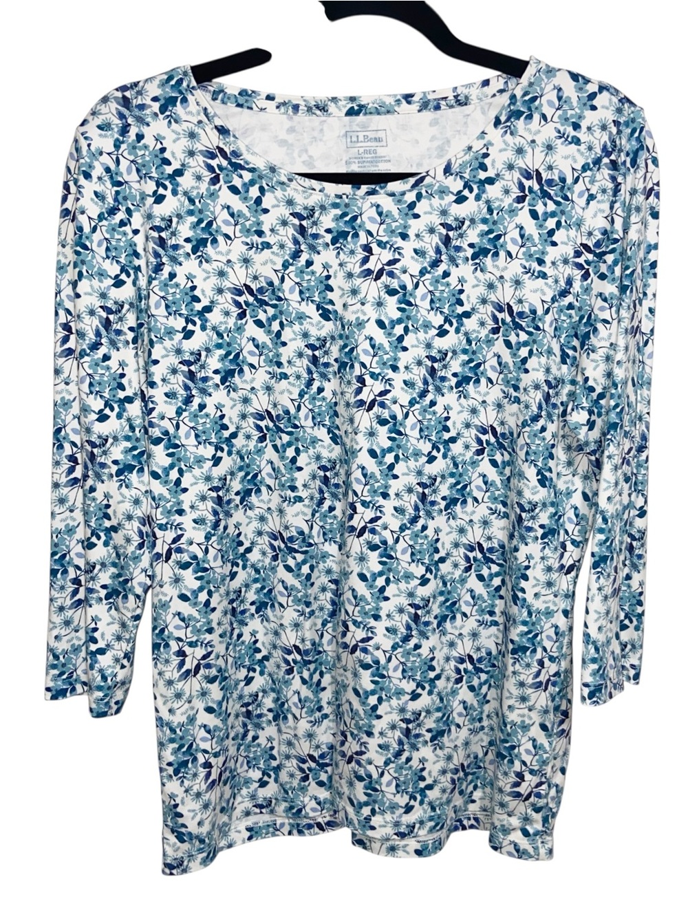 L.L. Bean Top Womens Large Floral Supima Cotton 3/4 Sleeve Shirt Comfort Modest